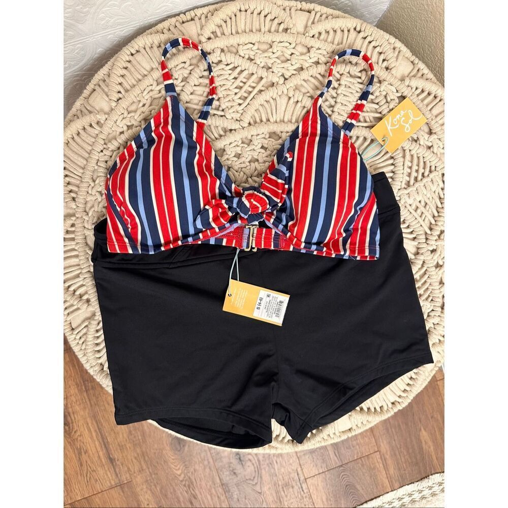 Kona Sol Red and Blue Bikini Top and Swim Shorts Size Small New